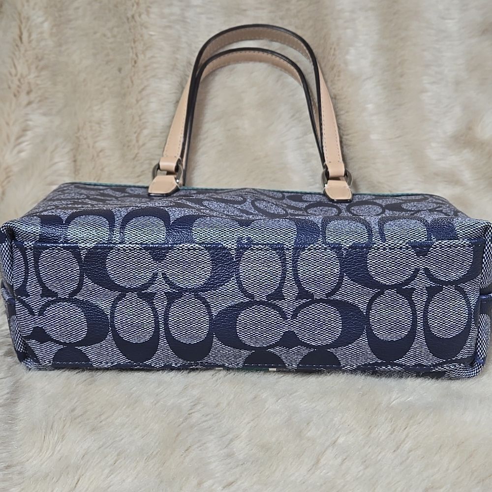 COACH SIGNATURE STRIPE TOP HANDLE TOTE (F51267) SILVER/NAVY/BRIGHT JADE - Picture 5 of 7